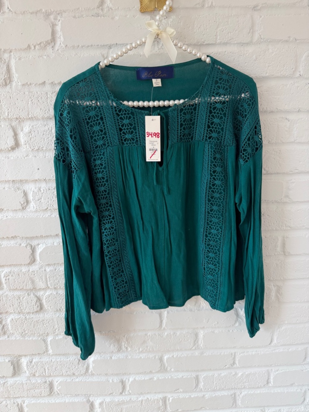 Francesca's Collections Teal Crochet-Trim Long Sleeve Blouse